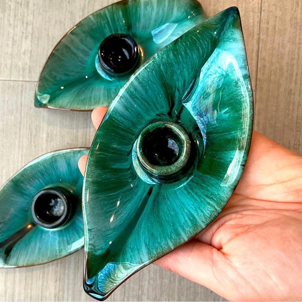 Blue mountain pottery vintage candleholders green blue black